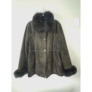Marvin Richards Chocolate Brown Suede L Penny Lane Coat Fox Fur Trim Jacket Boho